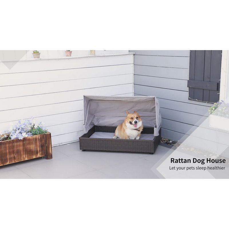 PawHut Rattan Dog Bed, Elevated Pet Sofa, Wicker Cat House, Indoor/Outdoor Use, for Garden Patio with Foldable Canopy, for S M Pets, Coffee