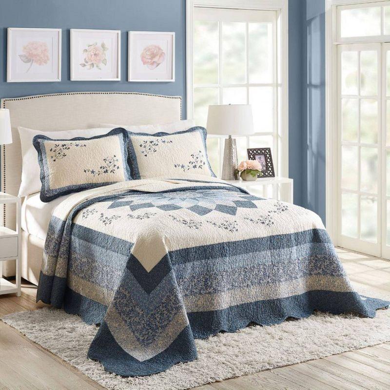 Charlotte Blue Cotton Queen Bedspread with Floral Scrolls