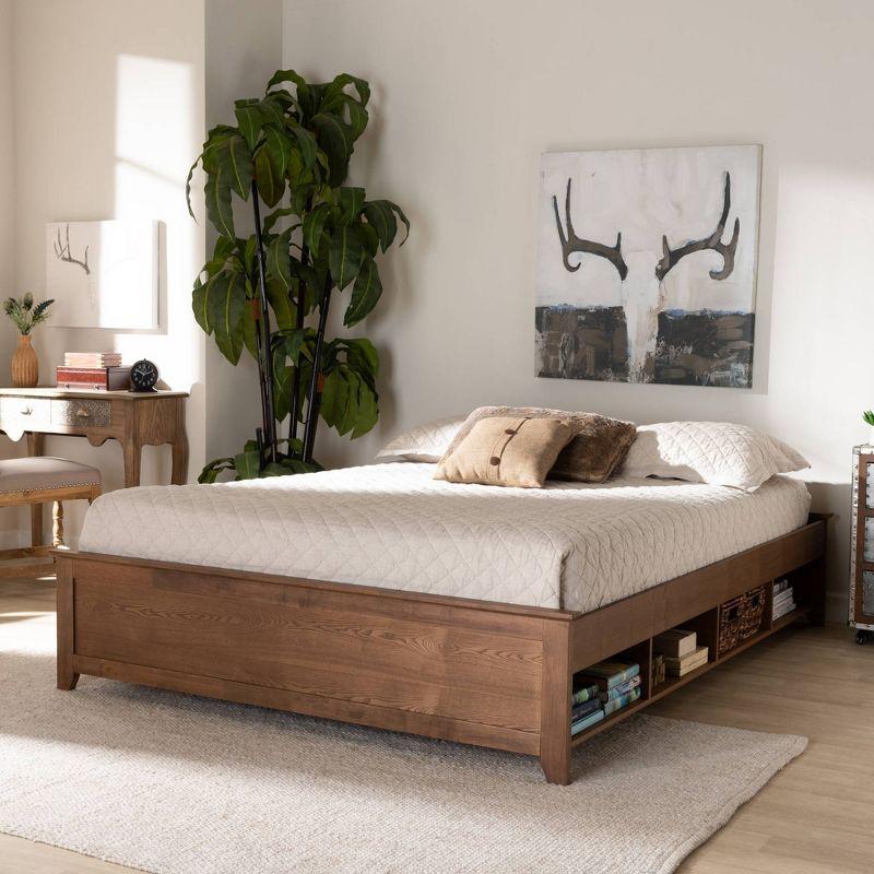 Walnut Brown King Storage Bed with Built-In Shelves and Upholstered Frame