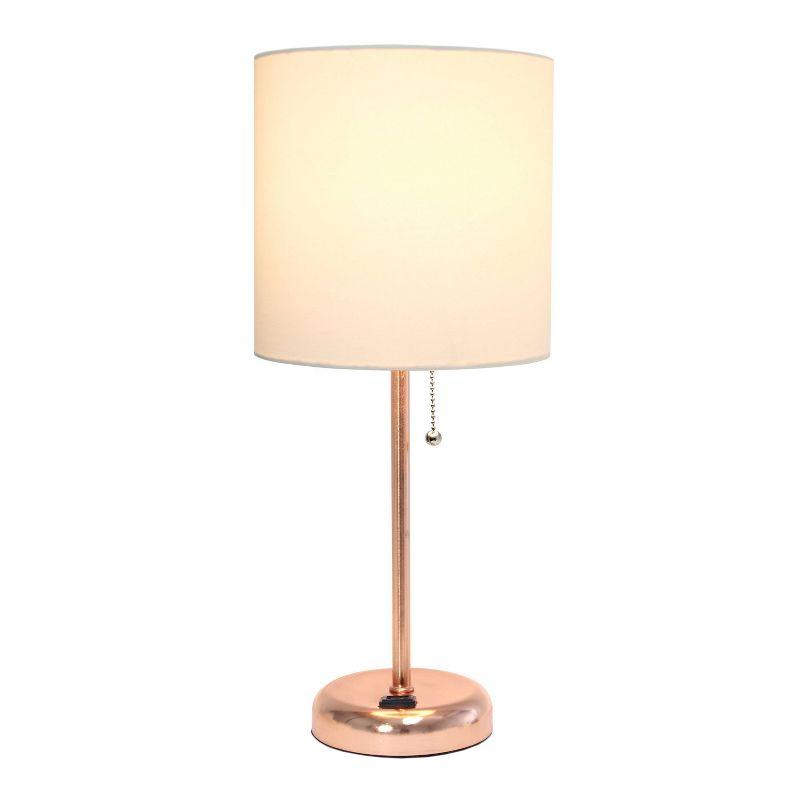 Creekwood Home 19.5" Bedside Power Outlet Base Metal Table Desk Lamp in Rose Gold with White Fabric Shade: ETL Listed, No Assembly Required