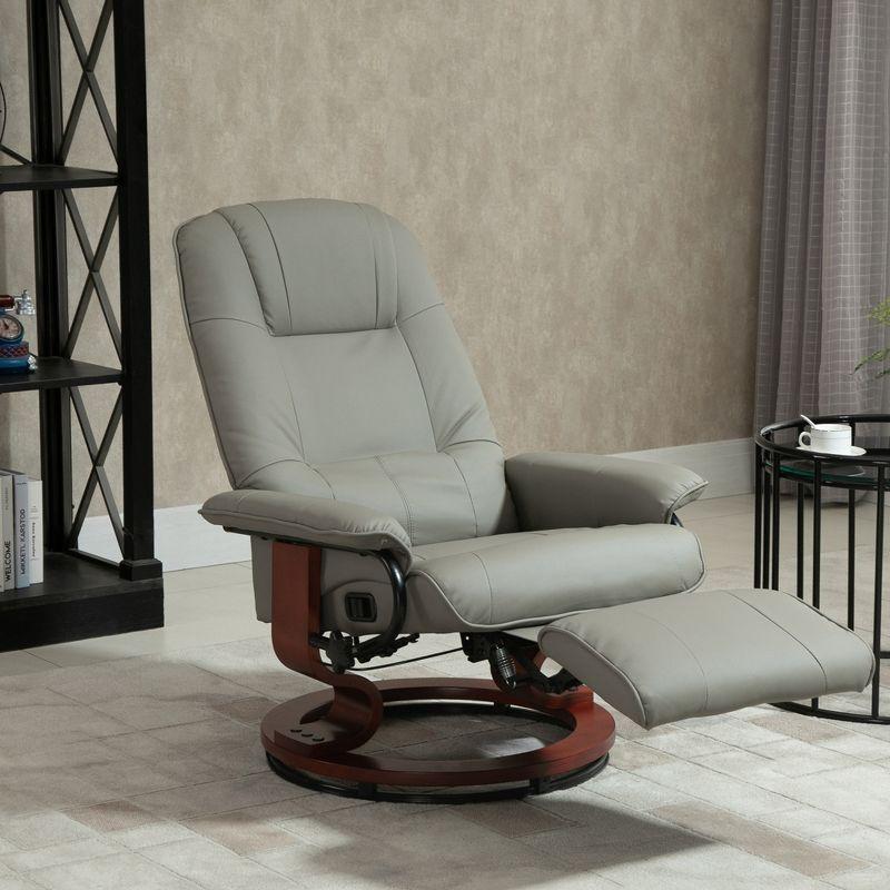 Gray Faux Leather Swivel Recliner with Wood Base