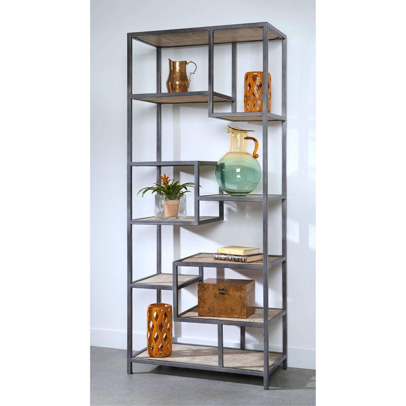 Bodhan Whitewash Mango Wood and Gray Metal 82" Staggered Shelf Etagere