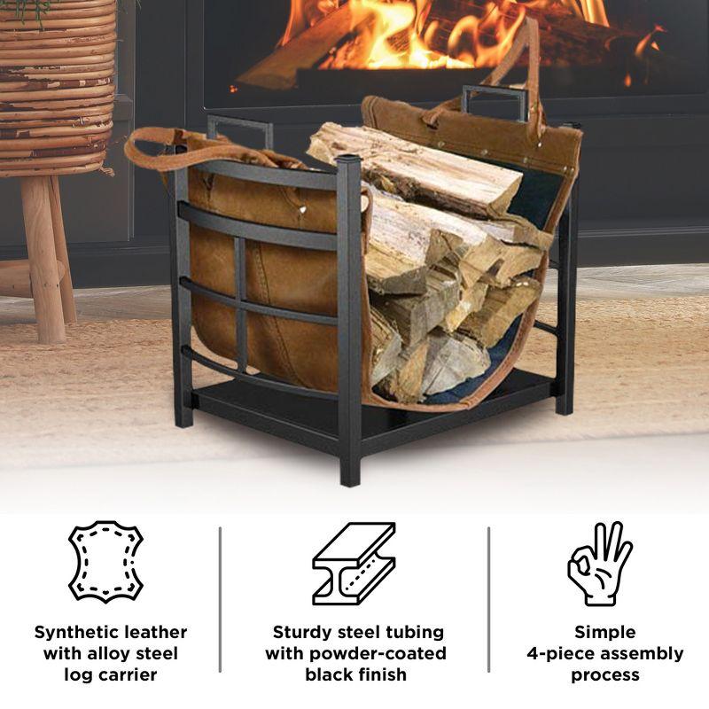 Panacea Mission Log Bin with Synthetic Leather, Wood Dowels, Reinforced Handles, Durable Square Steel Tubing, and Alloy Steel Log Carrier Rack