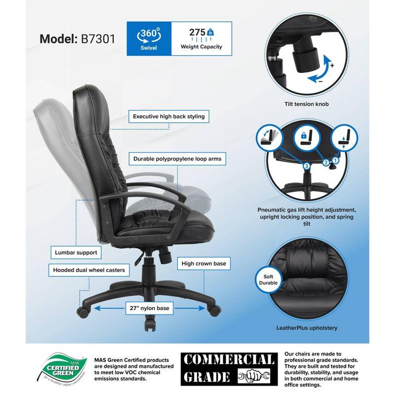 High Back LeatherPlus Chair Black - Boss Office Products: Ergonomic, Adjustable, Swivel, Casters/Wheels