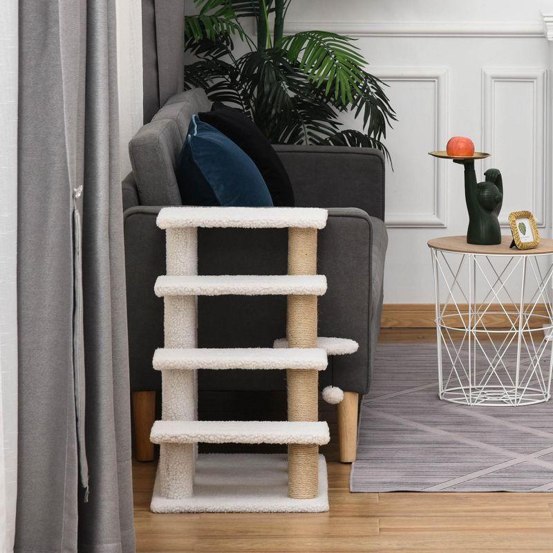PawHut 4 Levels Cat Steps, Pet Stairs Carpeted Ladder, Kitten Tree Climber with Scratching Posts, Hanging Play Ball, Side Step, White