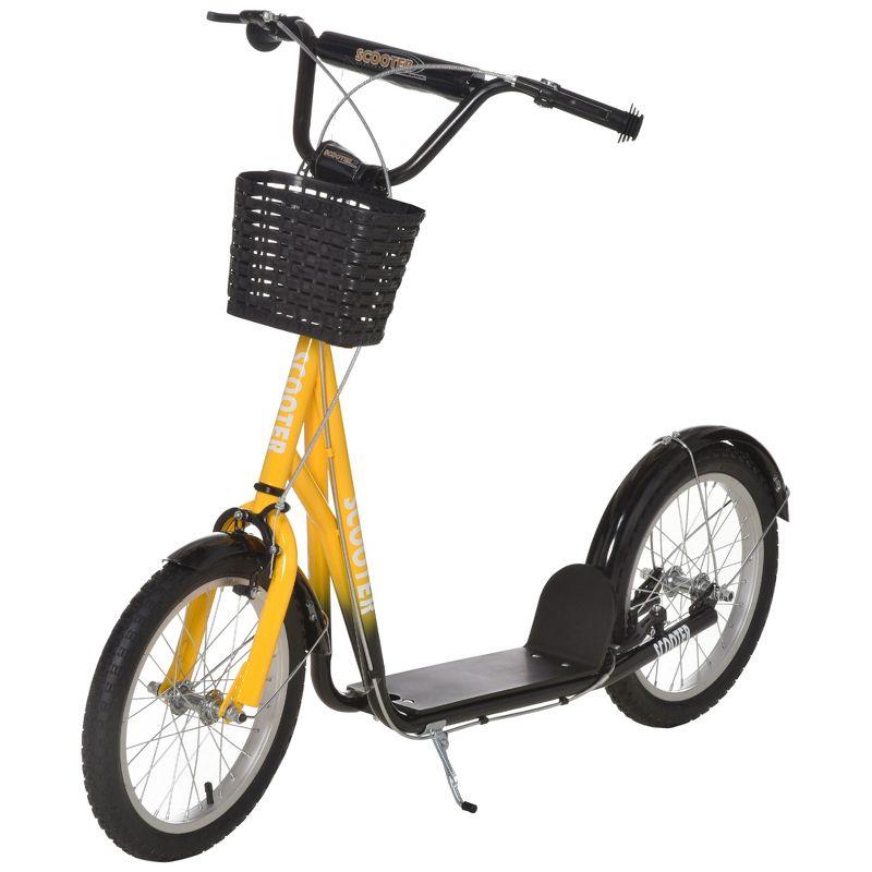 Aosom Youth Scooter, Kick Scooter with Adjustable Handlebars, Double Brakes, 16" Inflatable Rubber Tires, Basket, Cupholder, Mudguard Ages 5-12 years old