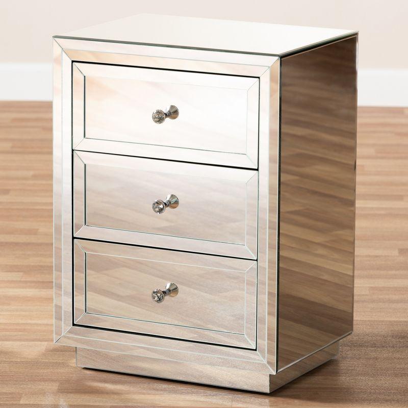 Lina Mirrored 3 Drawer Nightstand Bedside Table Silver - BaxtonStudio: Contemporary Style, MDF Construction, No Assembly Required