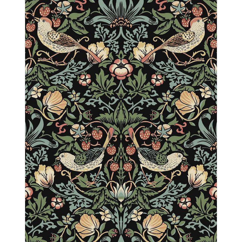 NextWall Aves Garden Peel and Stick Wallpaper Black: Whimsical Vintage Bird & Floral Design, Repositionable, Washable