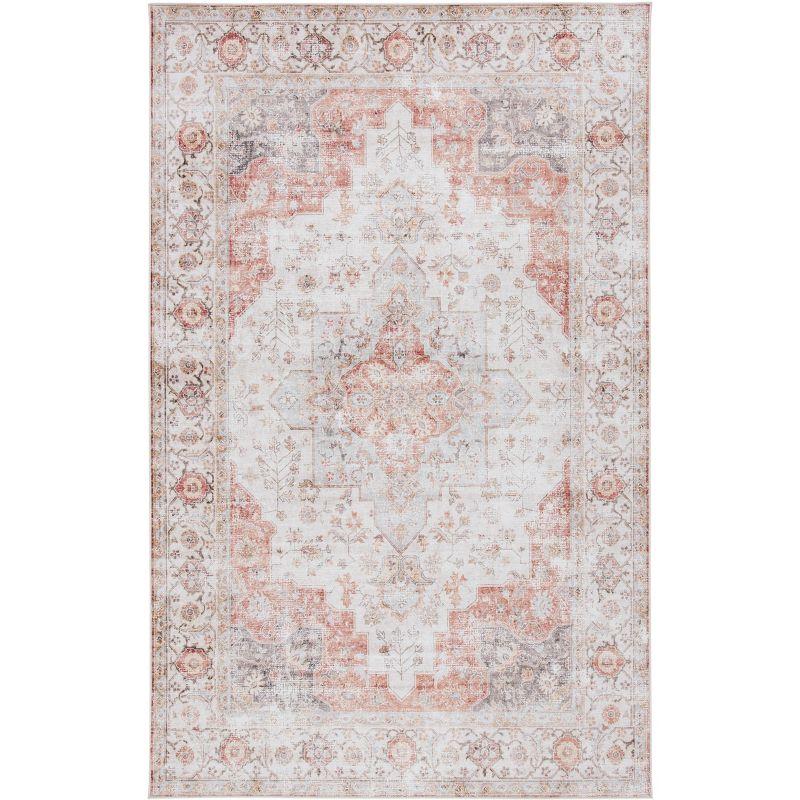 Elegant 5' Square Light Grey & Rust Synthetic Area Rug