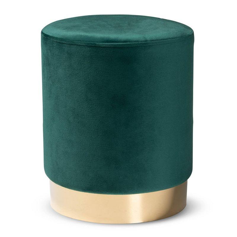 Green Velvet Round Tufted Ottoman with Gold Base