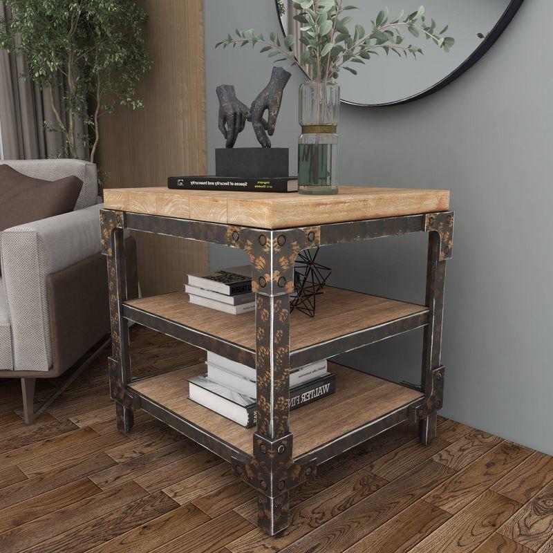 Olivia & May Industrial 3 Tier Side Table Brown: Sturdy Wood Frame, Fixed Shelves, Square Shape