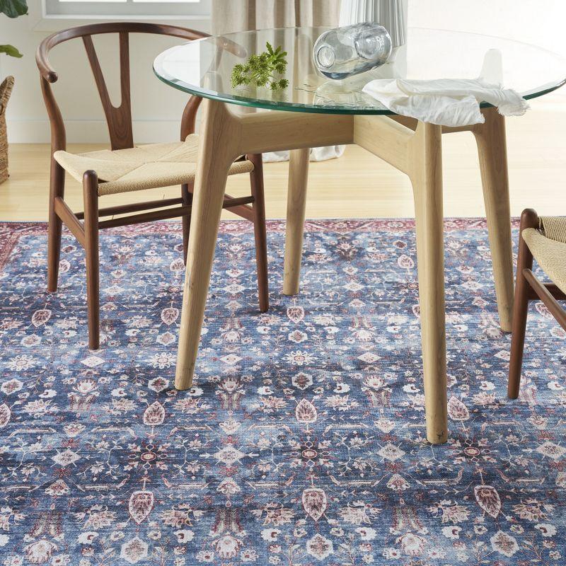 Blue and Brick Floral 5' x 7' Washable Synthetic Rug