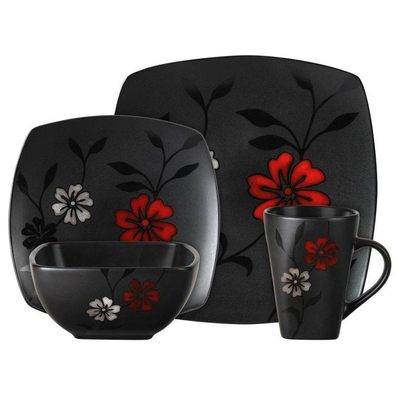 Black Ceramic Square Floral Dinnerware Set, Service for 4