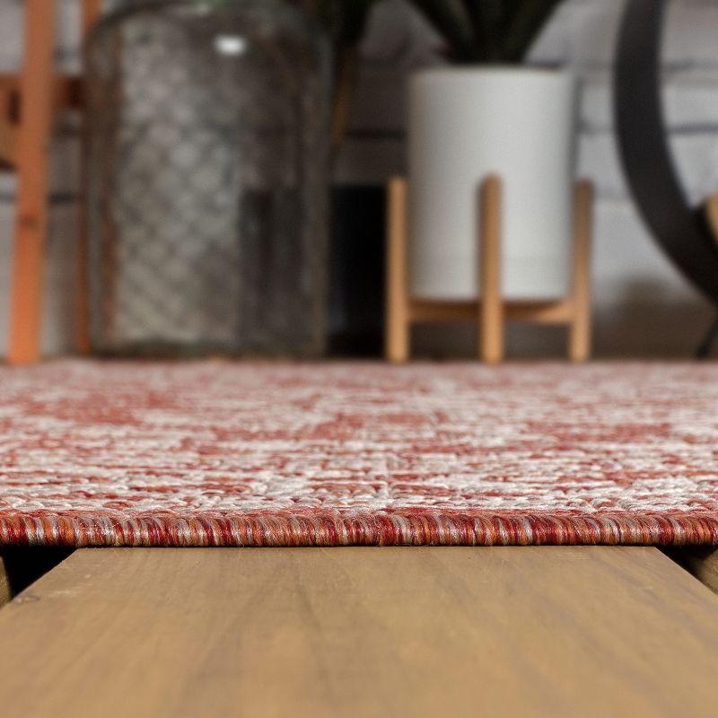 5' Square Sinjuri Medallion Textured Weave Indoor/Outdoor Area Rug, Red/Taupe - JONATHAN Y