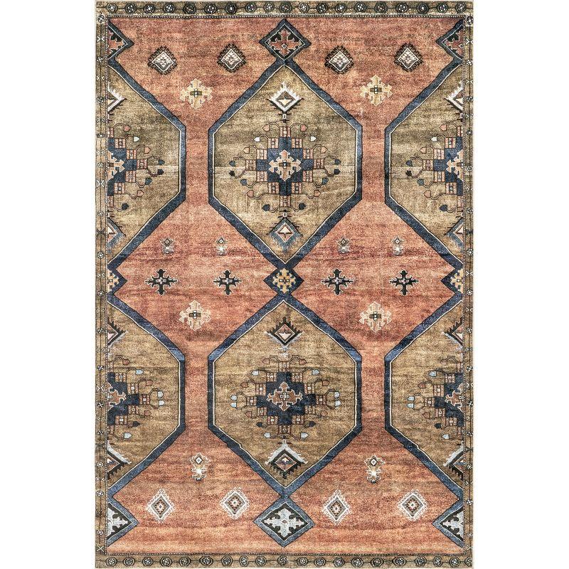 Judy Rust and Brown Medallion Washable Synthetic Area Rug