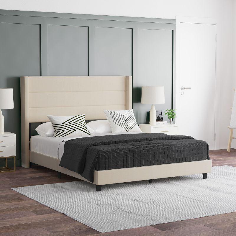 Emma and Oliver Modern Channel Stitched Upholstered Platform Bed with Wingback Headboard and Wooden Support Slats; No Box Spring Needed