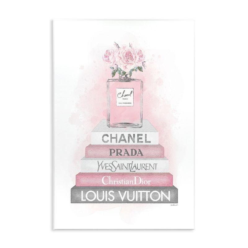" Pink Roses Perfume Bottle Glam Fashion Bookstack " by Amanda Greenwood Painting Print