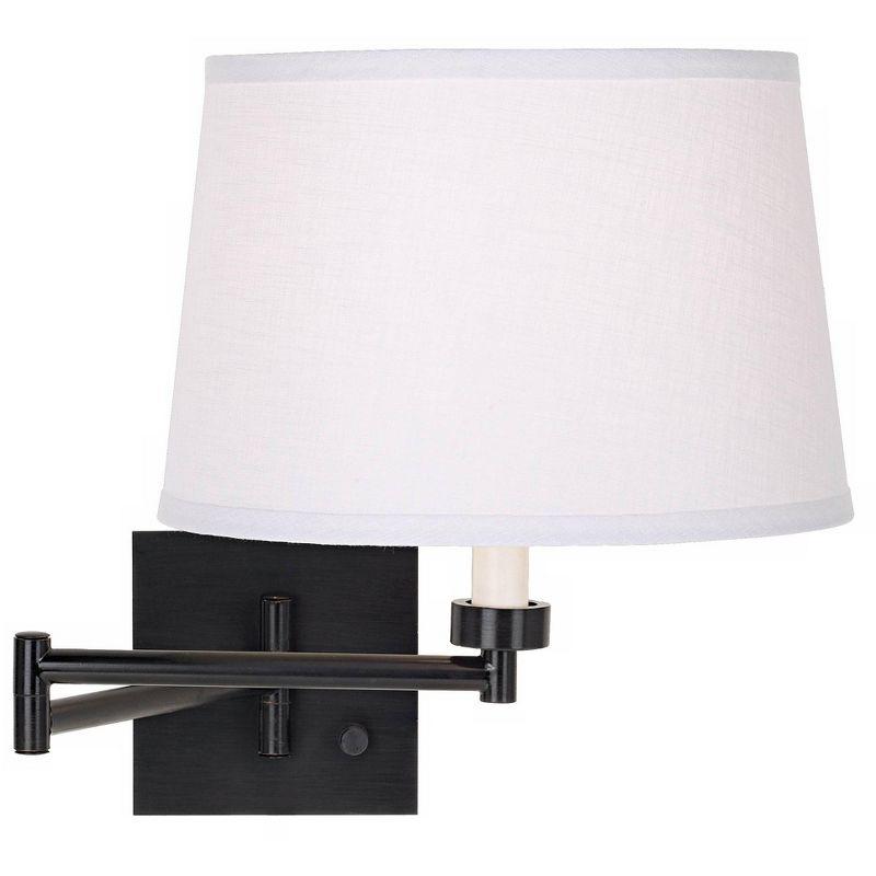 Franklin Iron Works Modern Swing Arm Wall Lamp Espresso Plug-In Light Fixture White Linen Drum Shade for Bedroom Bedside Reading