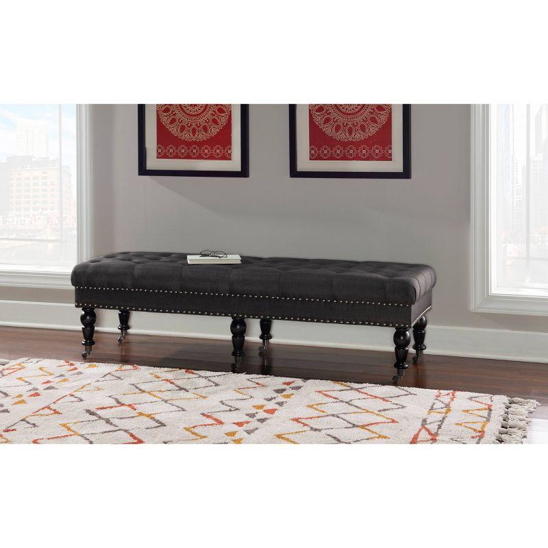 Isabelle 62" Charcoal Linen Upholstered Bench with Silver Nailheads