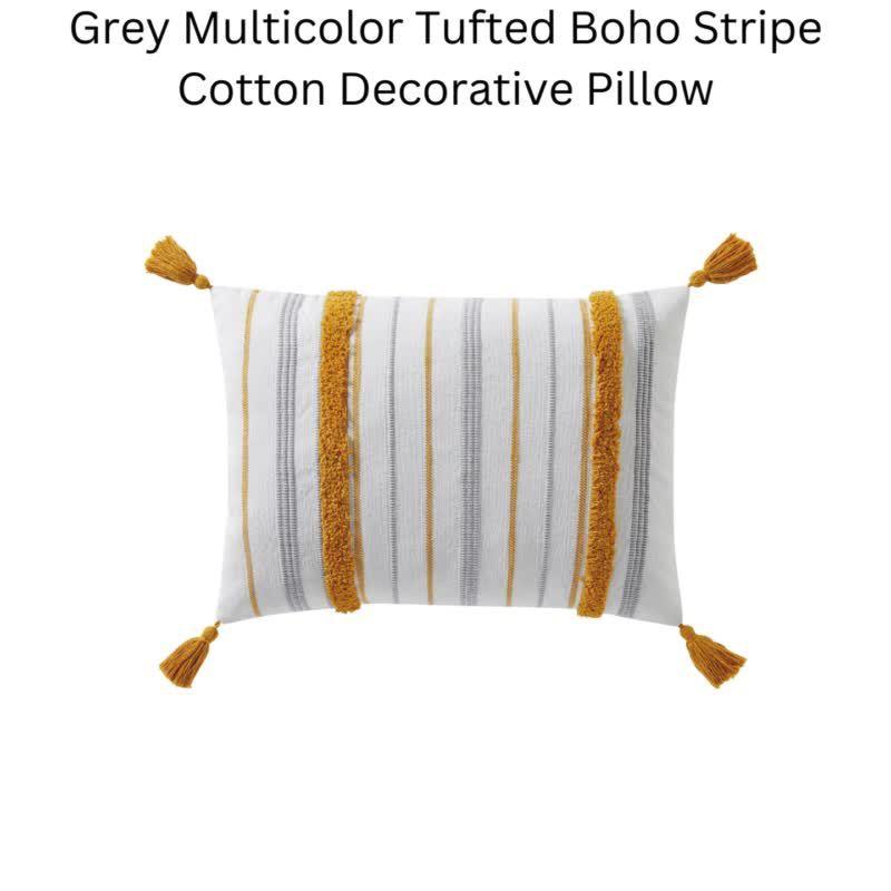 VCNY 14"x20" Oversize Tufted Boho Striped Cotton Lumbar Throw Pillow Gray: Yellow Accents, Tassels, Indoor Use