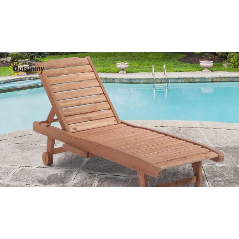 Outsunny Outdoor Chaise Lounge Pool Chair, Built-In Table, Reclining Backrest for Sun tanning/Sunbathing, Rolling Wheels, Red Wood Look