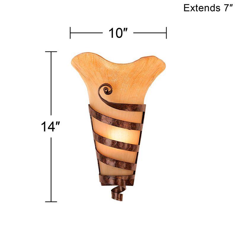 Franklin Iron Works Solara Rustic Wall Light Sconce Rust Iron Scroll Hardwire 10" Fixture Scavo Glass for Bedroom Bathroom Vanity Reading Living Room