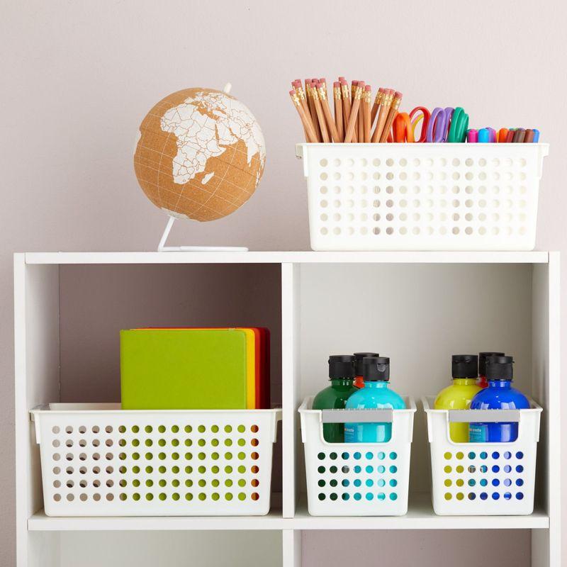 Set of 4 White Plastic Storage Baskets with Gray Handles