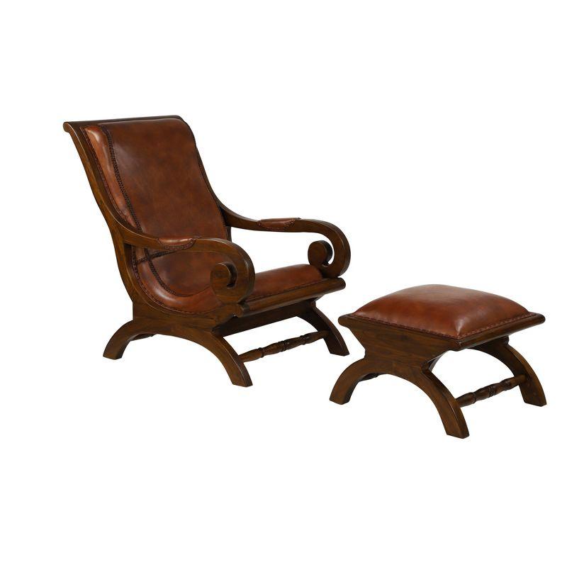 Traditional Teak Wood Accent Chair with Arms and Ottoman Brown - Olivia & May: Leather Upholstered, No Assembly Required