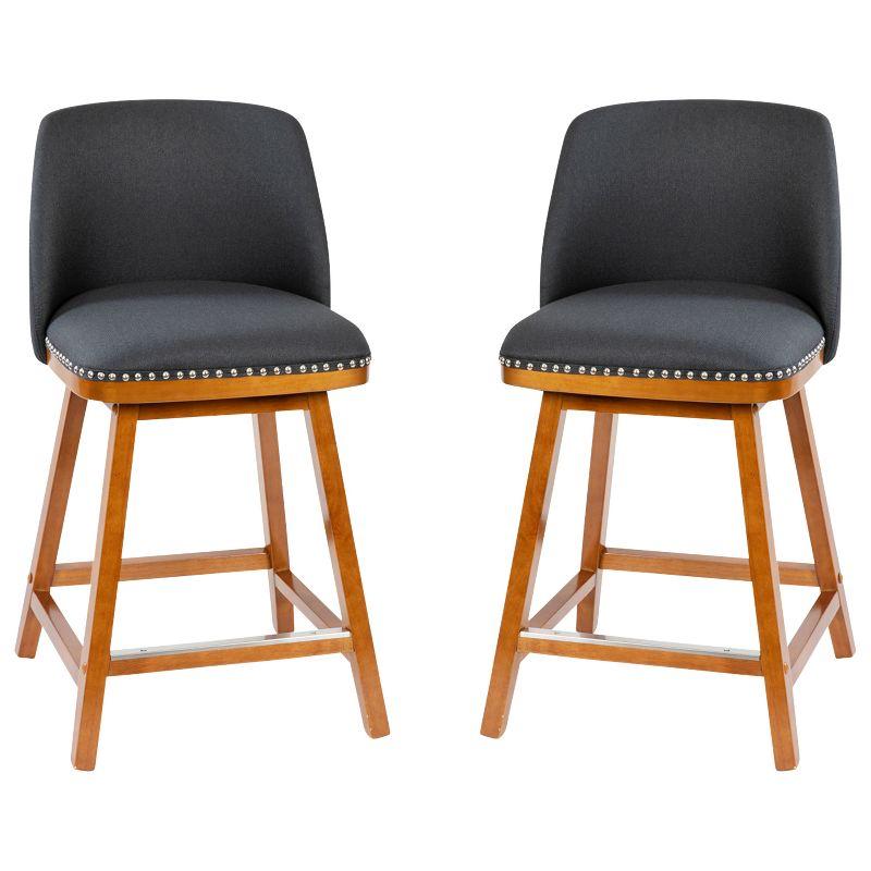 Set of 2 Charcoal Faux Linen Upholstered Counter Stools with Walnut Wood Frame