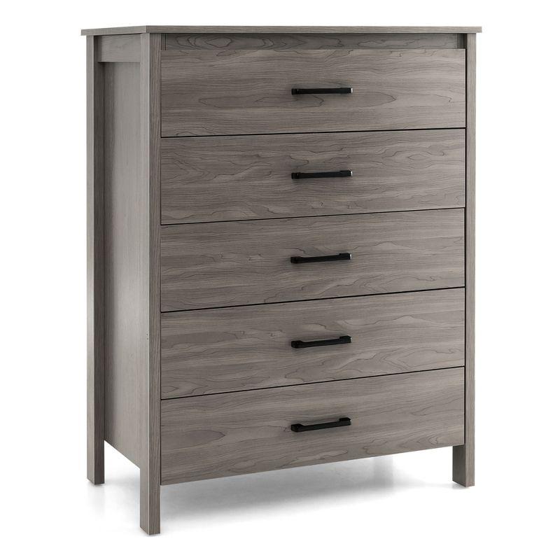 Costway Modern 5 Drawer Chest Storage Dresser Cabinet with Metal Handles Grey Oak