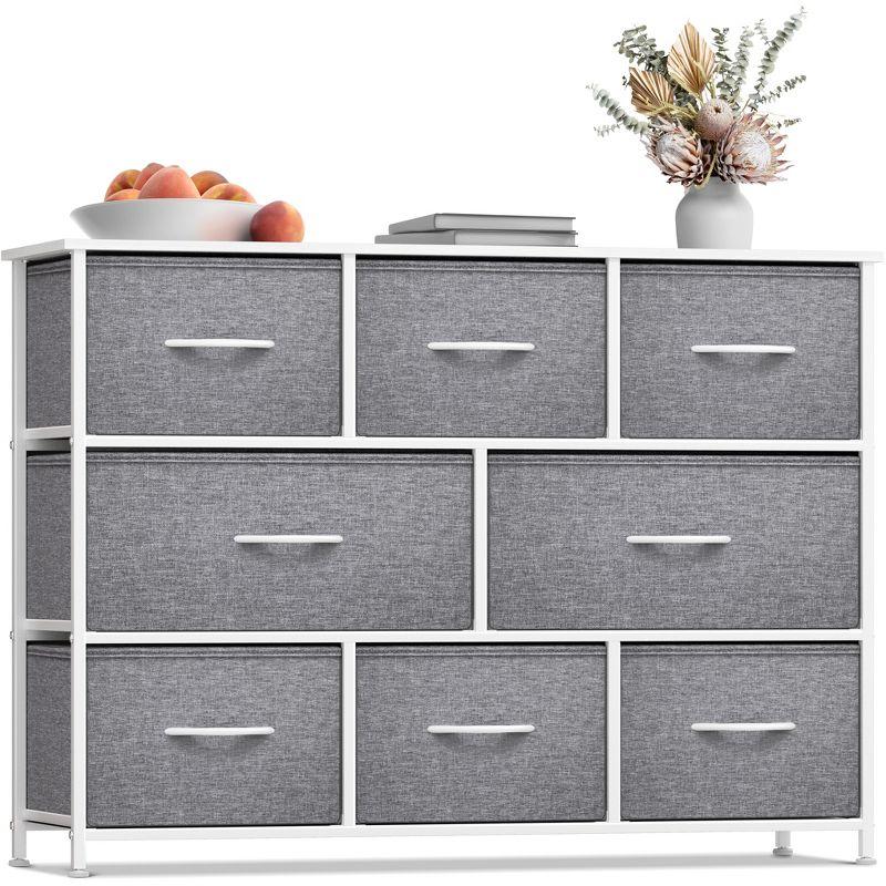 Sorbus Sorbus 8 Drawers Wide Dresser with Steel Frame, Wood Top, and Fabric Bins in White