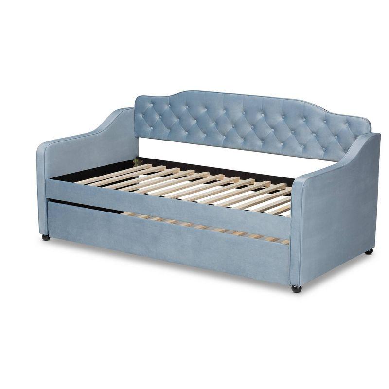 Twin Freda Velvet Tufted Daybed with Trundle Light Blue - Baxton Studio: Upholstered, Mid-Century Modern, No Box Spring Required