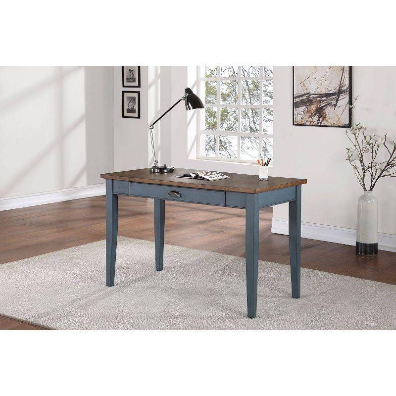 Transitional Blue-Brown Home Office Desk with Drawer & Power Outlet