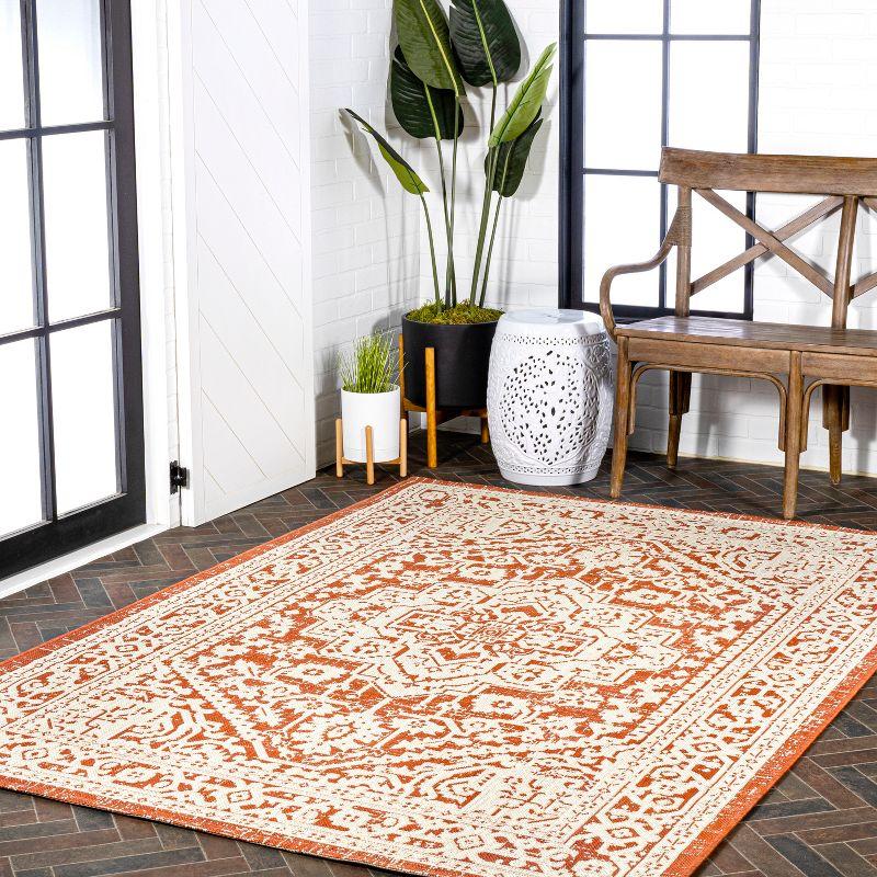 9' x 12' Sinjuri Medallion Textured Weave Indoor/Outdoor Area Rug, Orange/Cream - JONATHAN Y