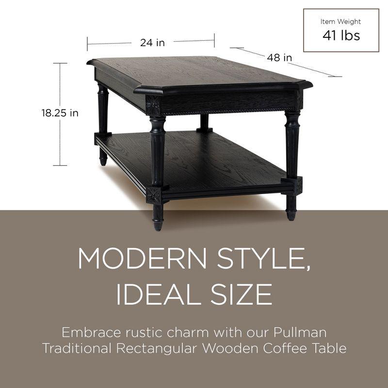 Antiqued Black Traditional Rectangular Wooden Coffee Table with Shelf