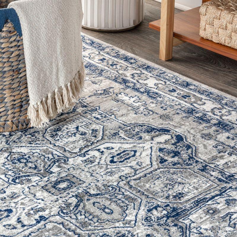 2'x8' Modern Persian Vintage Medallion Runner Rug, Light Grey/Navy - JONATHAN Y