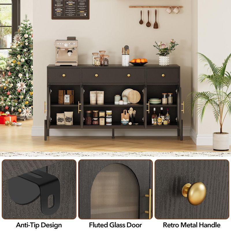 62" Large Sideboard Buffet Cabinet with Storage and 3 Drawers, Buffet Table Coffee Bar Storage Cabinet with 4 Glass Doors