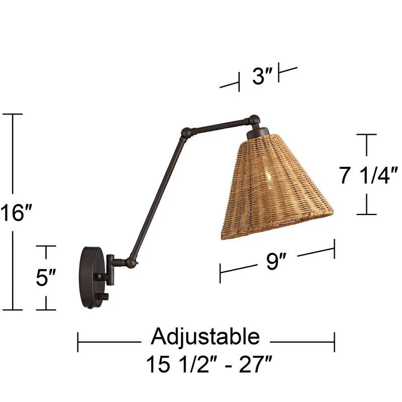 Barnes and Ivy Mid Century Modern Swing Arm Wall Lamps Set of 2 Bronze Plug-In Light Fixture Natural Rattan Shade for Bedroom Bedside House