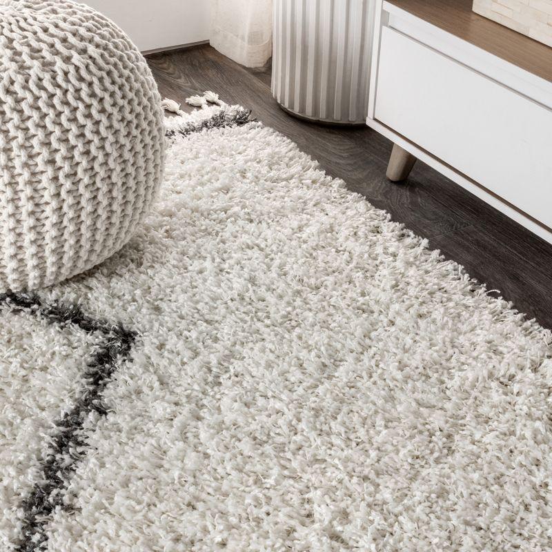 4'x6' Mercer Shag Plush Tassel Moroccan Geometric Trellis Area Rug, Cream/Grey - JONATHAN Y