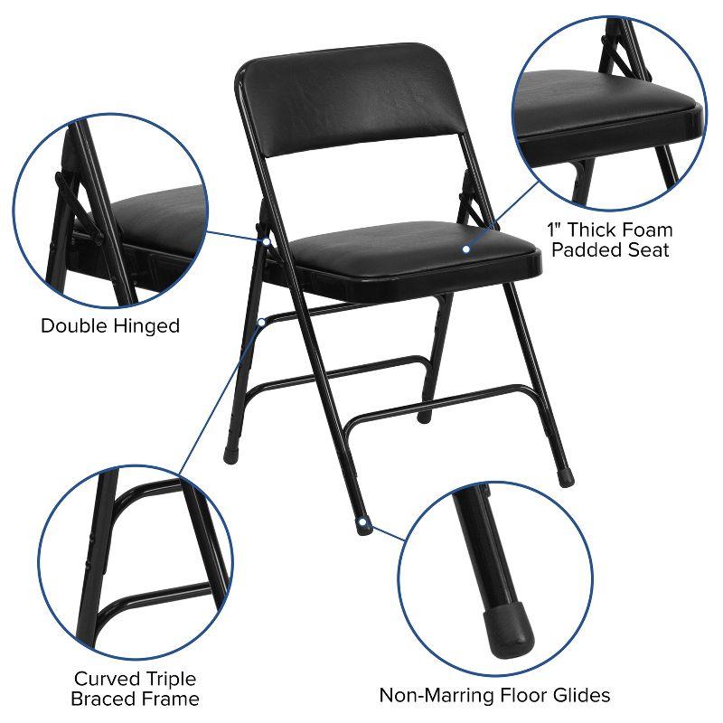 Black Metal Folding Chairs with Padded Vinyl Seats, Set of 2