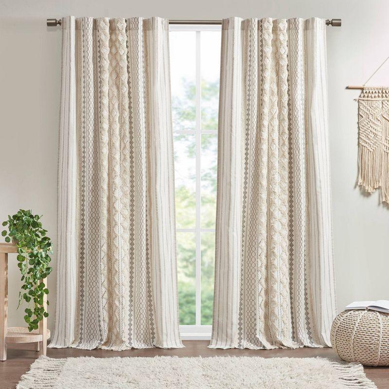 Ivory Cotton Chenille Stripe Room Darkening Curtain Panel