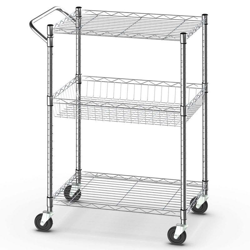 Costway 3-Tier Utility Cart Heavy Duty Wire Rolling Cart w/Handle Bar Storage Trolley