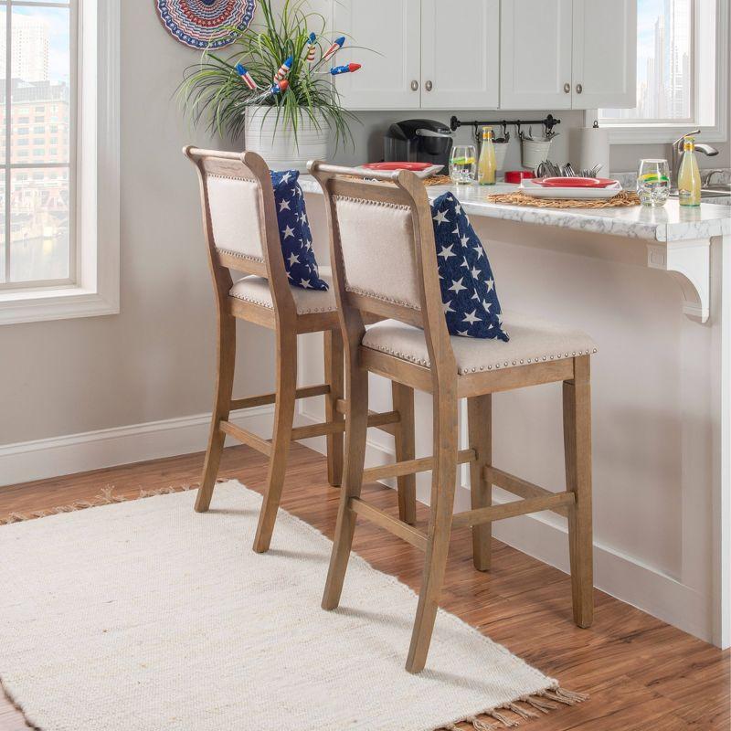 Emmy Padded Back Nailhead Barstool Natural - Linon: 30" Height, Rustic Wash, Upholstered, Footrest