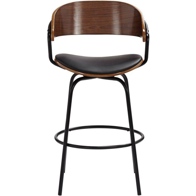 Elm Lane Larsen Black Swivel Bar Stool 26" High Mid Century Modern Faux Leather Cushion with Walnut Backrest Footrest for Kitchen Counter Height Home