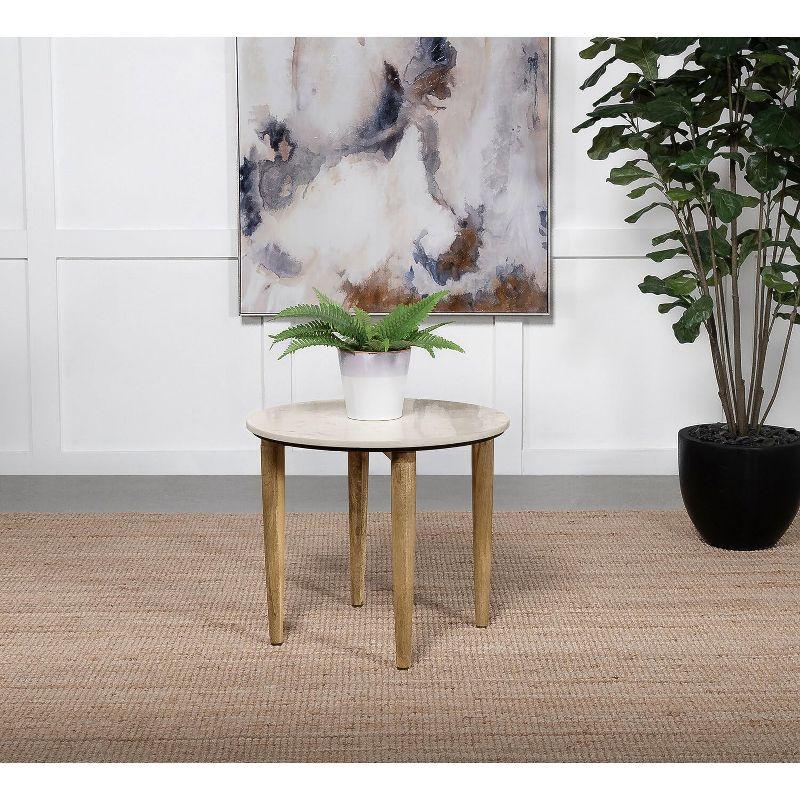 Round White Marble Top and Natural Wood End Table