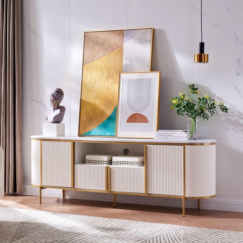 SinCiDo 70" Luxury TV Stand w/Faux Marble Top, Modern TV Console for TVs Up to 80 inches, Off White