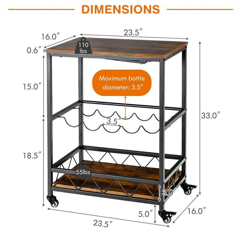 Rustic Brown and Black Rolling Bar Cart with Wine Rack