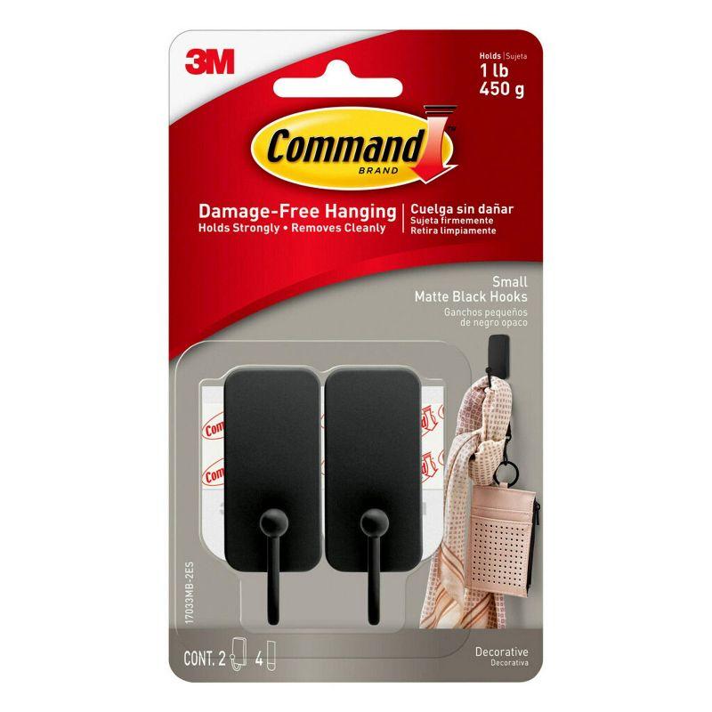 Small Matte Black Plastic and Metal Adhesive Hooks, 2-Pack