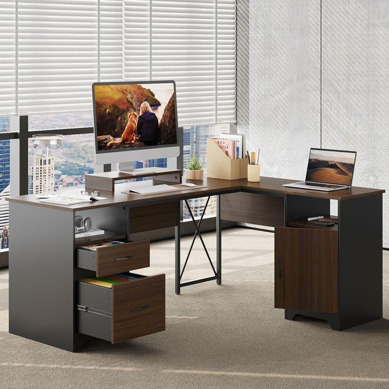 Bestier 63'' L Shaped Home Office Desk with File&Storage Drawers and Cabinet, Executive Desk with Monitor Stand and Open Compartments, Cherry