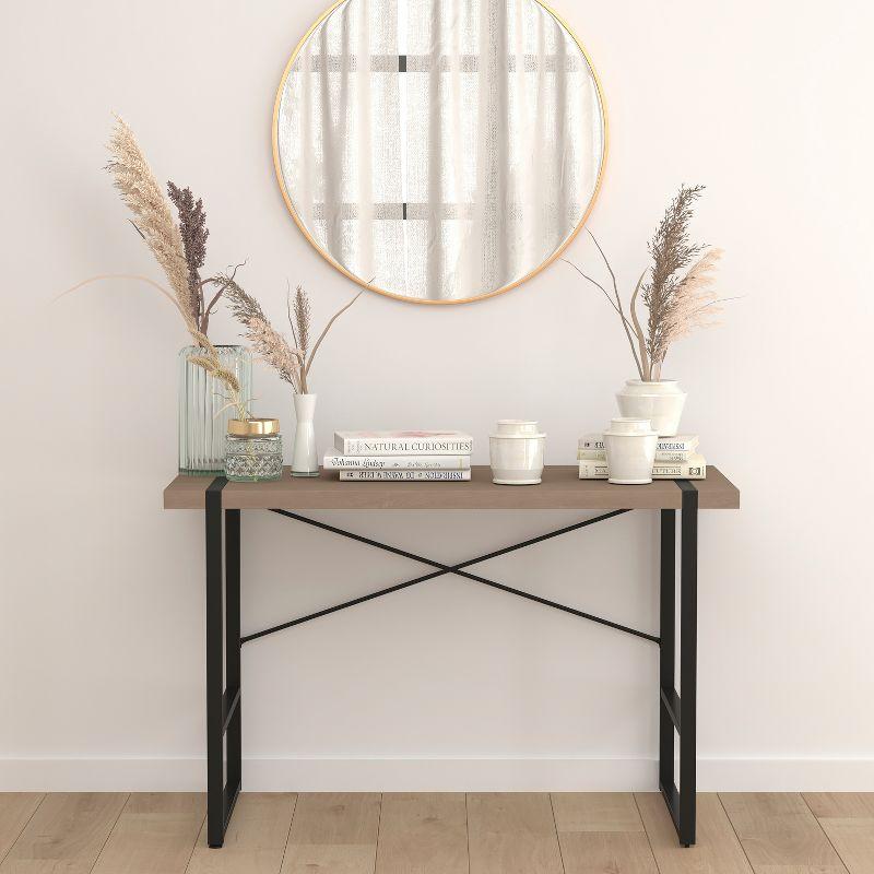 Rustic Brown Wood and Black Metal Console Table with Storage